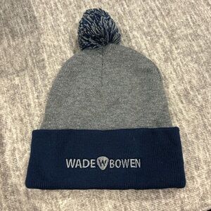 Gray and Blue Beanie with Pom Pom